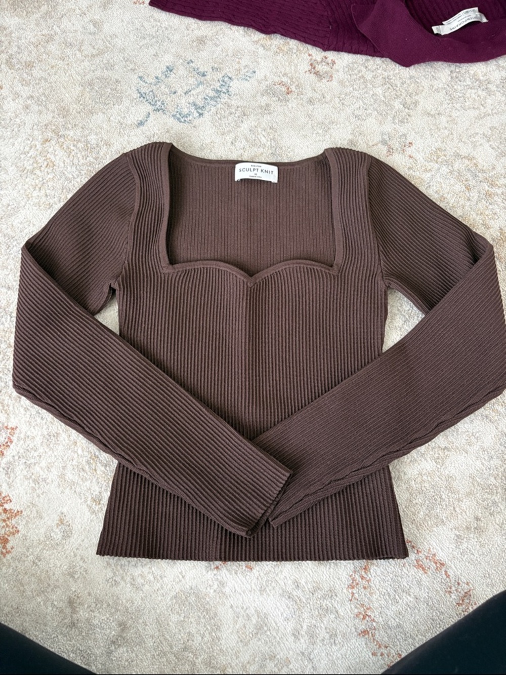 Babaton Mauve-Brown Ribbed Square Neck Top